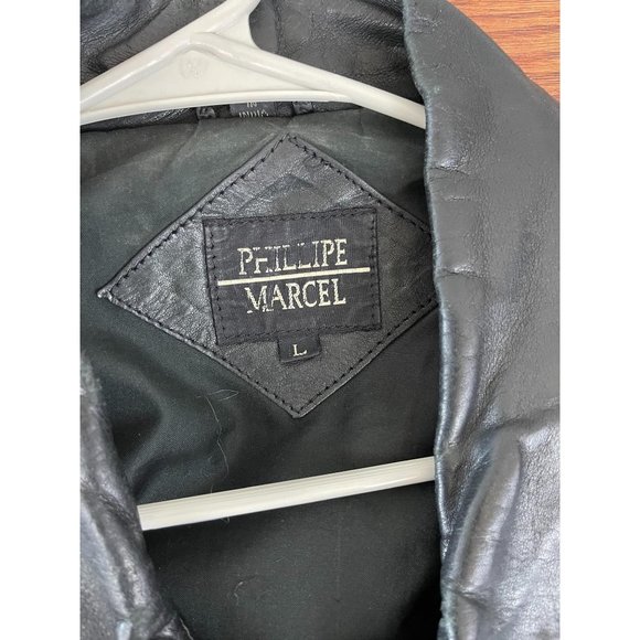 Men's Phillipe Marcel Large Black Leather Coat Zip - Picture 6 of 8